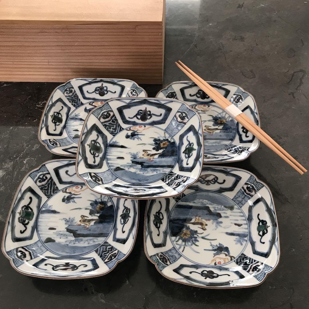 山本長佐染色桃花花鳥文皿揃